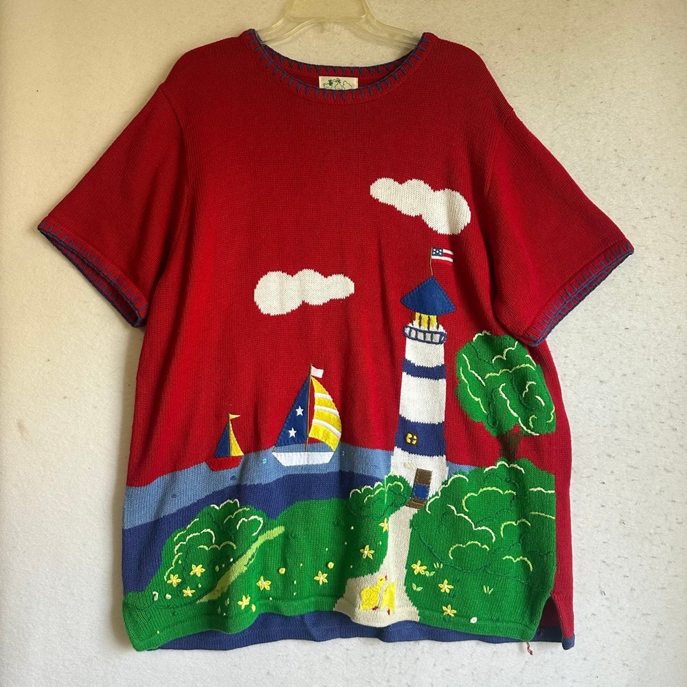 Quacker Factory Womens 1X Red Nautical Lighthouse Sailboat Knit Sweater Top
